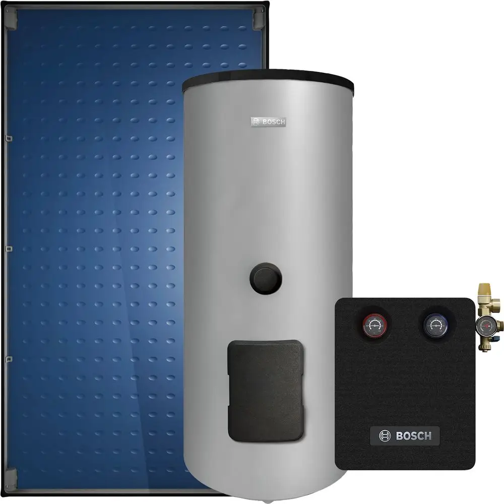 Solarthermie-System von Bosch, bestehend aus einem Kollektor mit blauer Oberfläche und einem silbernen Speicherbehälter. An einer Seite befindet sich ein Anschlussblock mit Druckanzeigen.